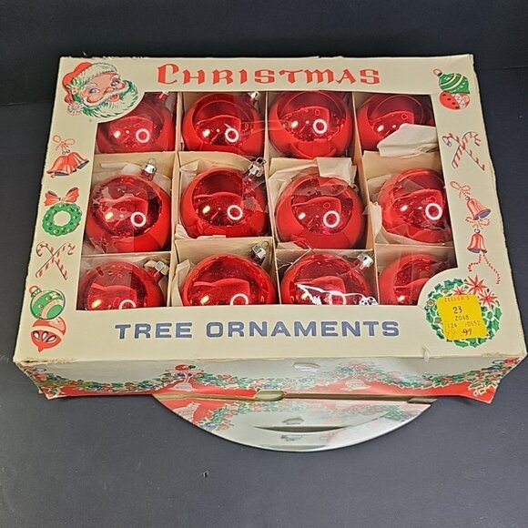 Vintage Poland Christmas Ornaments Baubles Set Of 12 RED Shiny Glass - Picture 14 of 16